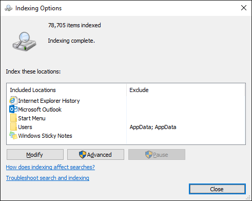 options d'indexation de Windows