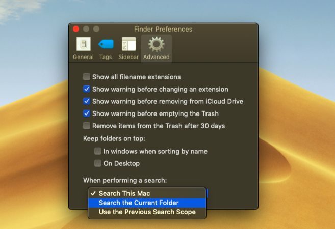 Définition d'options de recherche personnalisées dans le Finder macOS