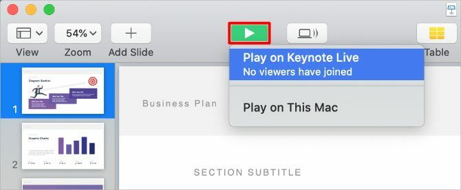 Bouton Keynote Play avec option Keynote Live