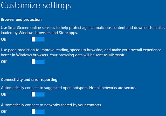 Windows 10 personnaliser les navigateurs d'installation, la connectivité, les rapports d'erreur