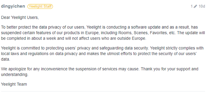 Comment le RGPD pourrait-il affecter les appareils Smart Home? 2 Exemples de Downed Services yeelights forum post 670