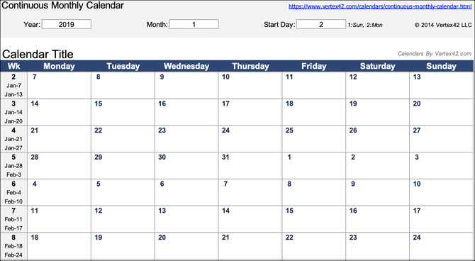 Modèle Excel de calendrier mensuel continu