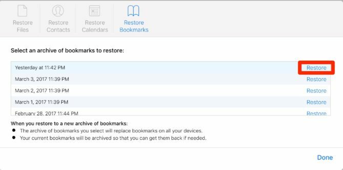 restaurer les signets icloud