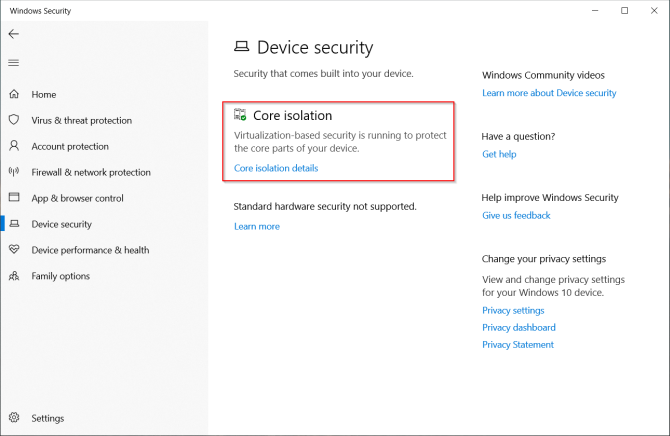 fonctionnalité d'isolation de base dans Windows Defender