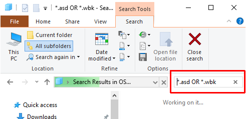 options de recherche d'extension de fichier Microsoft Office Draft