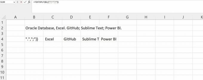 Une feuille de calcul expliquant comment utiliser la fonction TEXTSPLIT lorsqu'il existe plusieurs délimiteurs