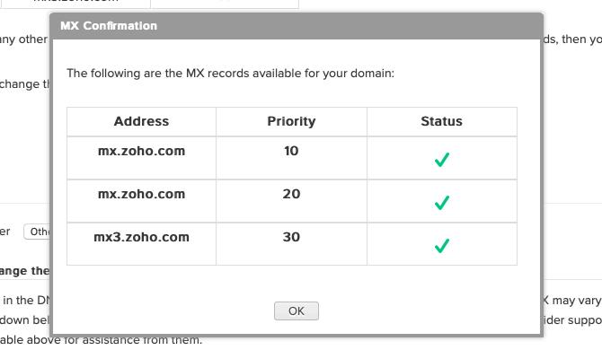 confirmer les enregistrements MX dans Zoho Control Panel