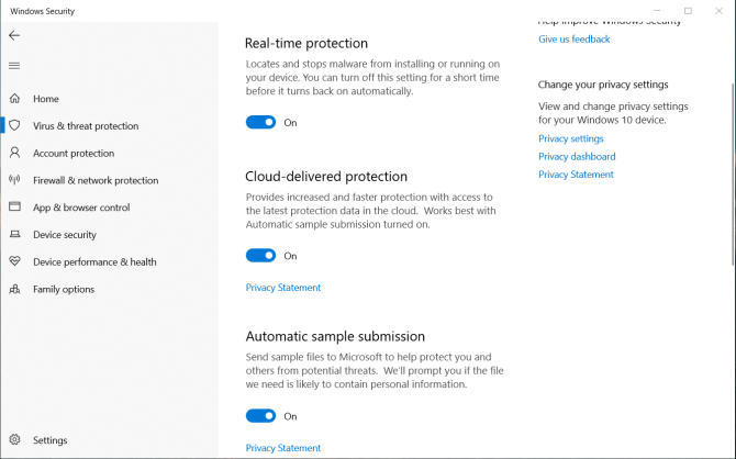 protection contre les virus et les menaces dans Windows Defender