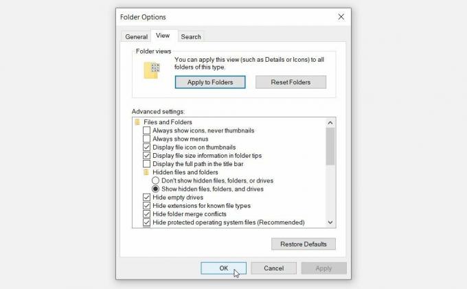 L'onglet " Affichage" sur l'écran Options des dossiers Windows