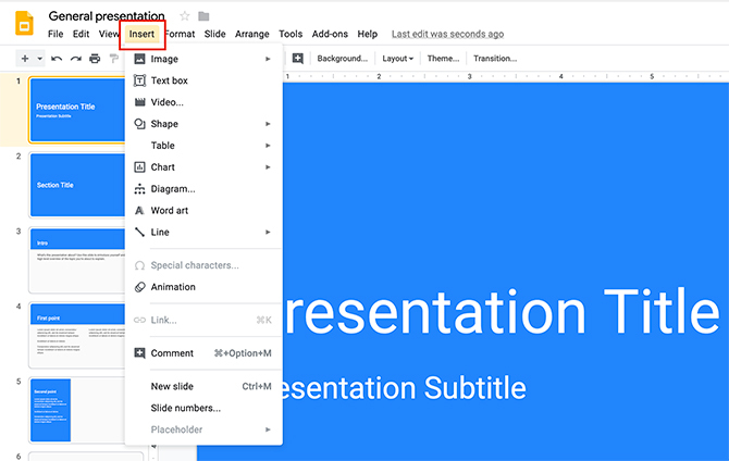 Comment créer une présentation Menu d'insertion Google Slides