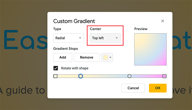 Gradient personnalisé Google Slides Modifier la position du dégradé