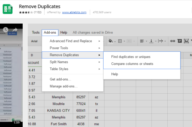 modules complémentaires de feuilles de calcul google - Supprimer les doublons 