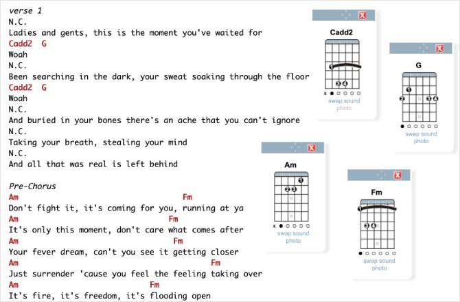 Page E-Chords montrant les accords de guitare The Greatest Show