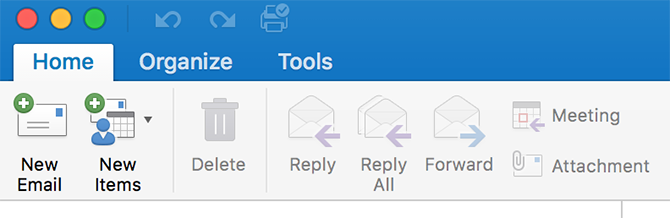menu des outils Outlook sur mac