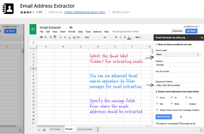 modules complémentaires google sheets - Extracteur d'adresse e-mail