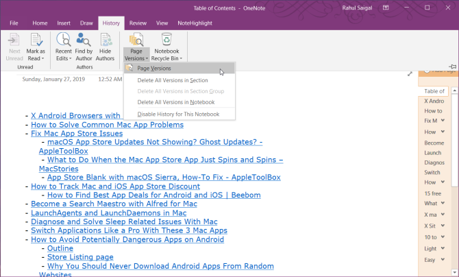 versions de page dans OneNote 2016