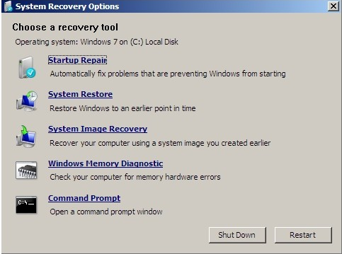 Options de récupération du système Windows