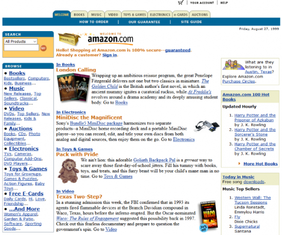 Capture d'écran du site Web d'Amazon en 1999