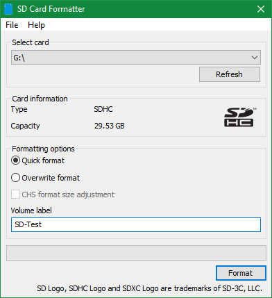 Windows du formateur de carte SD