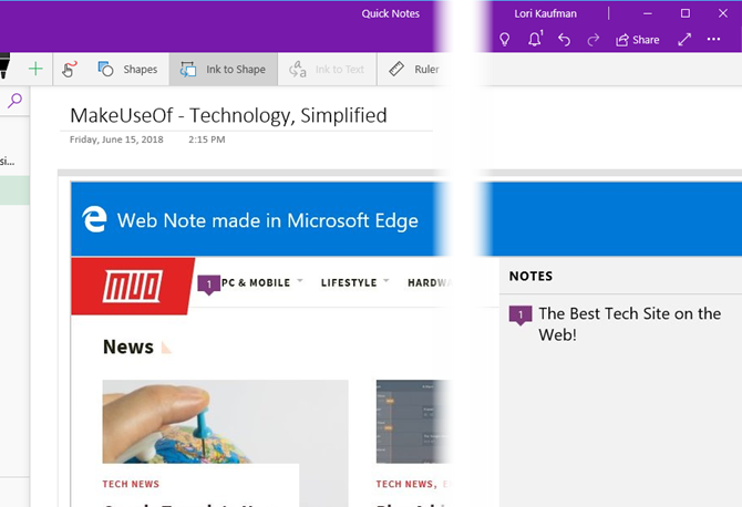 Note Web d'Edge dans OneNote