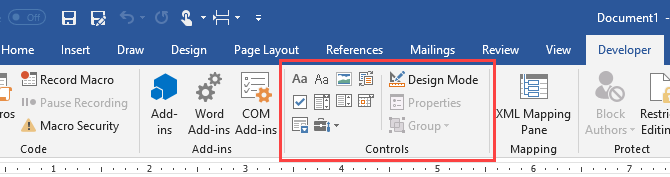 Section Contrôle de l'onglet Développeur dans Microsoft Word