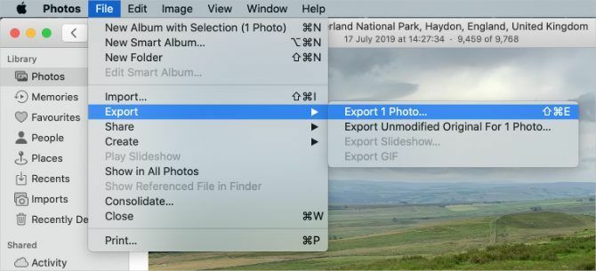 Option d'exportation de photo dans Photos sur Mac