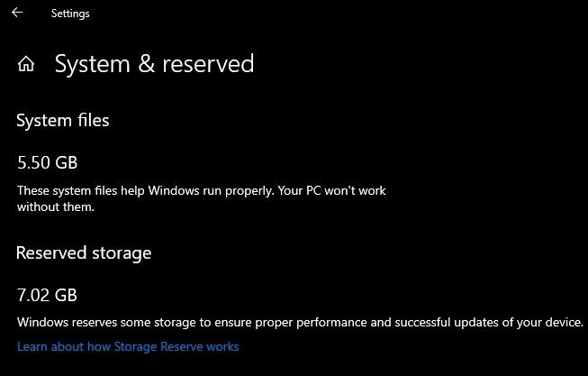 Windows 10 stockage réservé