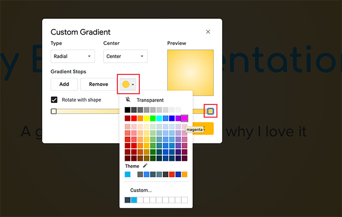 Gradient personnalisé Google Slides Modifier l'arrêt du dégradé