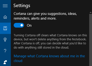 Paramètres de Windows 10 Cortana