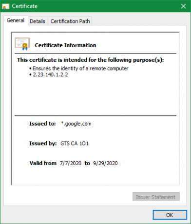 Certificat de site Web Chrome