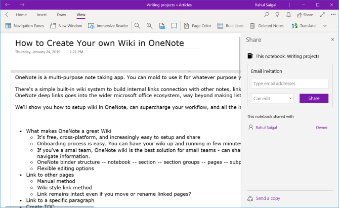 partager un bloc-notes avec OneNote pour Windows 10