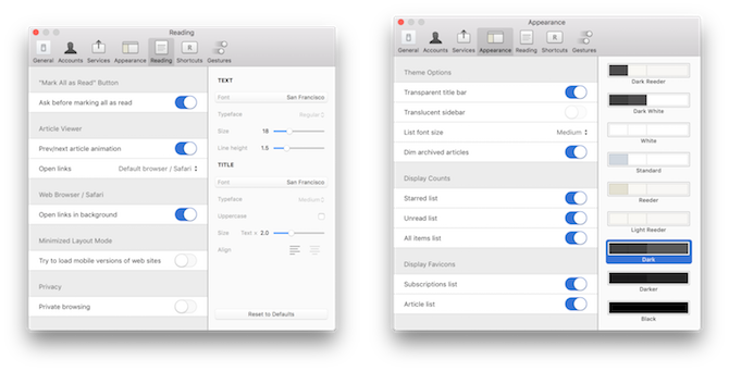 Paramètres de Reeder pour les lecteurs RSS Mac