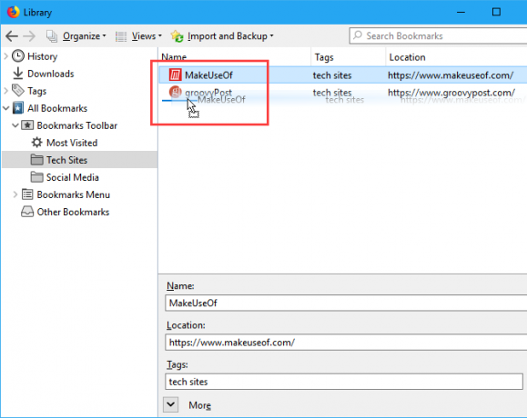 Trier les signets manuellement dans la boîte de dialogue Bibliothèque de Firefox