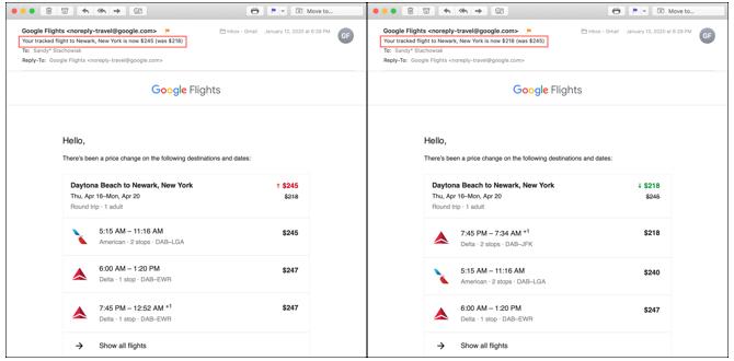 Emails de Google Flights