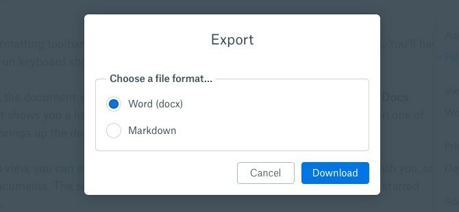 Options d'exportation de papier Dropbox