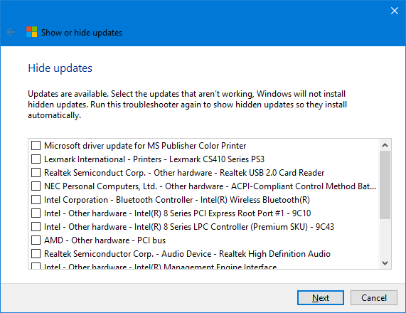 Liste des mises à jour de Windows 10 Hide