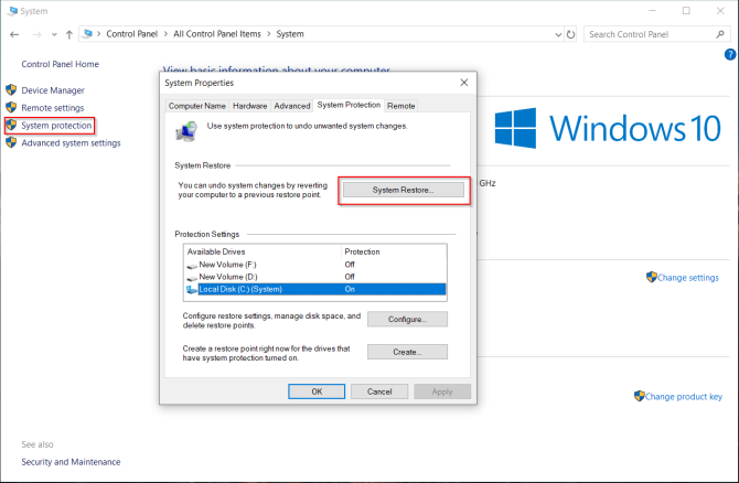 créer un point de restauration dans Windows 10