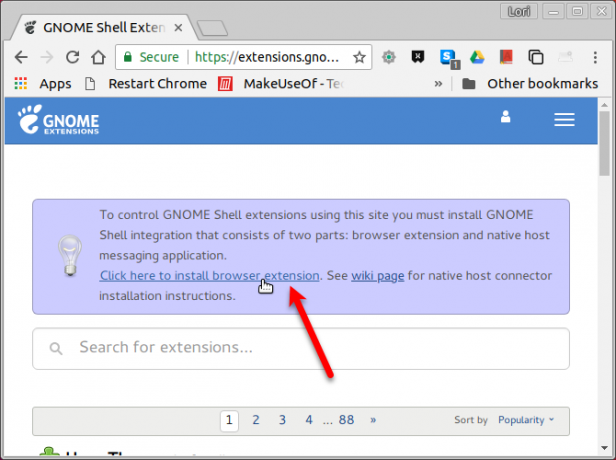 Message d'intégration de GNOME Shell dans Chrome