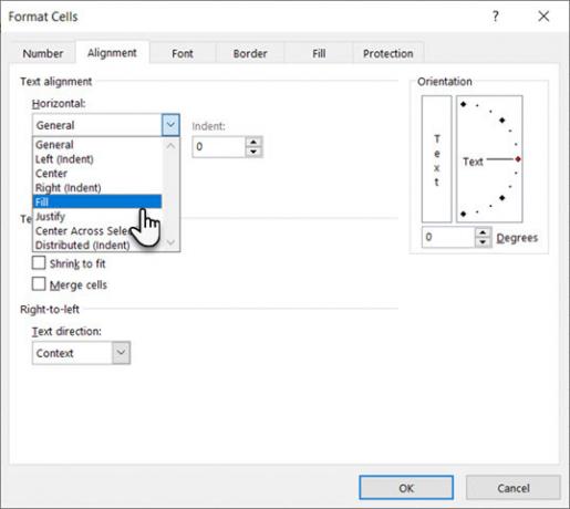 Sélectionnez Remplir sous Horizontal dans la boîte de dialogue Formater les cellules dans Excel