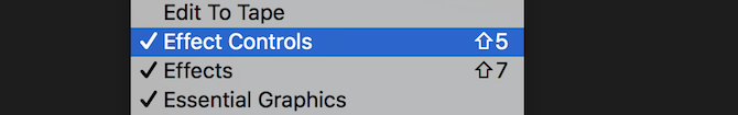 Menu des commandes d'effet de Premiere Pro