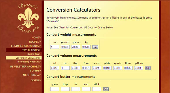 calculatrice de conversation de recette