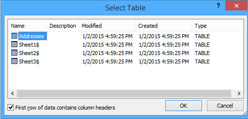 Sélection de la table pour le publipostage