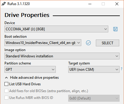 option de sélection de démarrage rufus