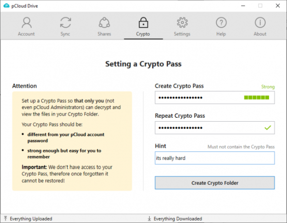 pCloud a configuré le crypto pass