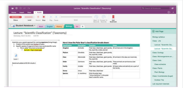 Capture d'écran OneNote