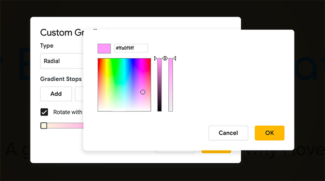 Sélecteur de couleurs Google Slides de dégradé personnalisé