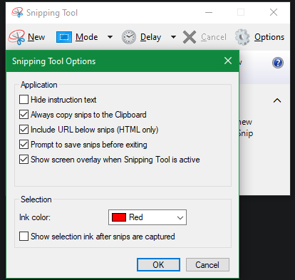 Options de l'outil de capture Windows