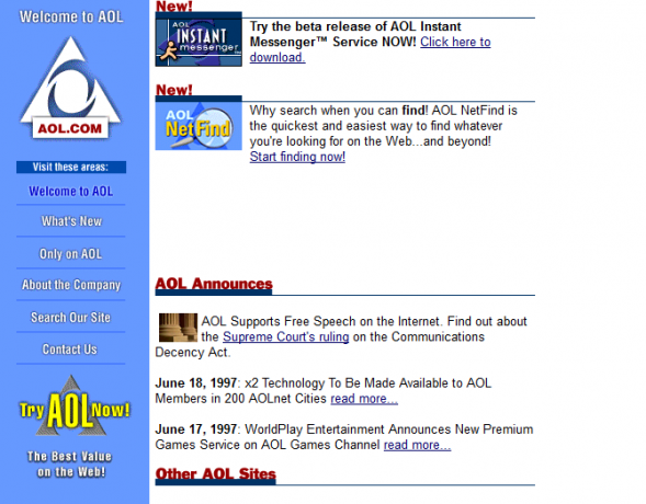 Capture d'écran du site Web d'AOL en 1997