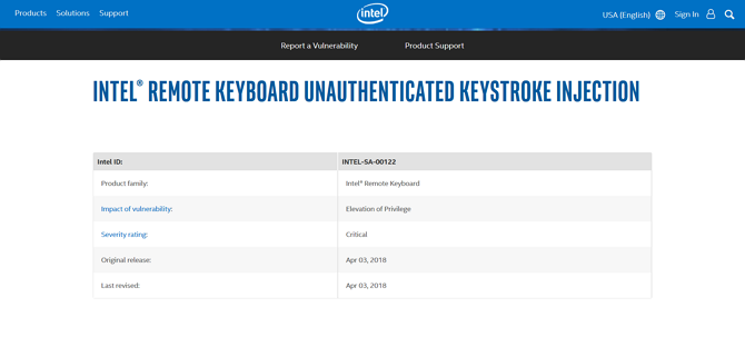 Capture d'écran de la divulgation de la vulnérabilité du clavier distant Intel