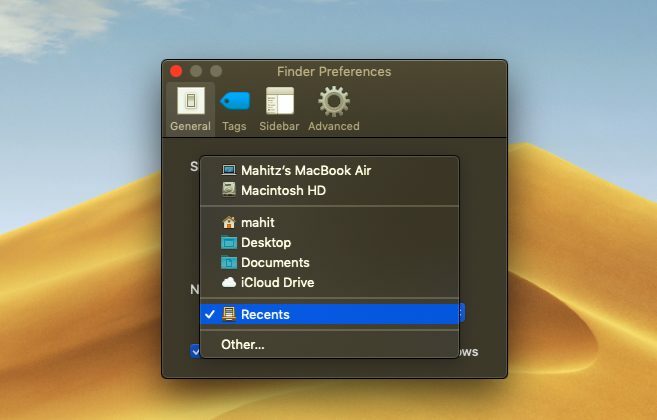 dossier par défaut du Finder MacOS 